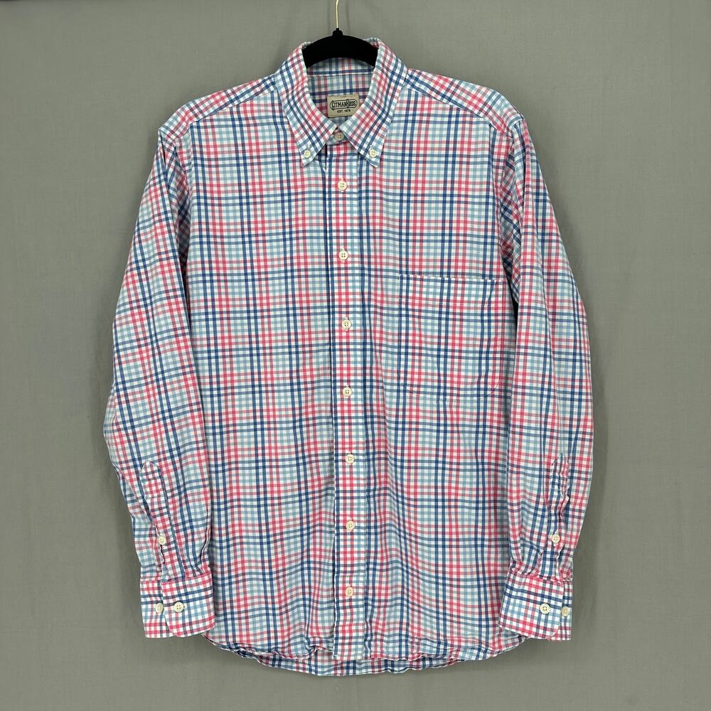 Gitman Bros Shirt Mens Medium Plaid Blue Button Down Pink Cotton Pastel USA